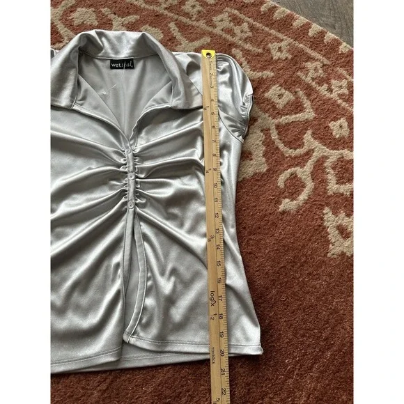Wet Seal Y2K Silver Babydoll Blouse Top M Medium - Picture 7 of 8